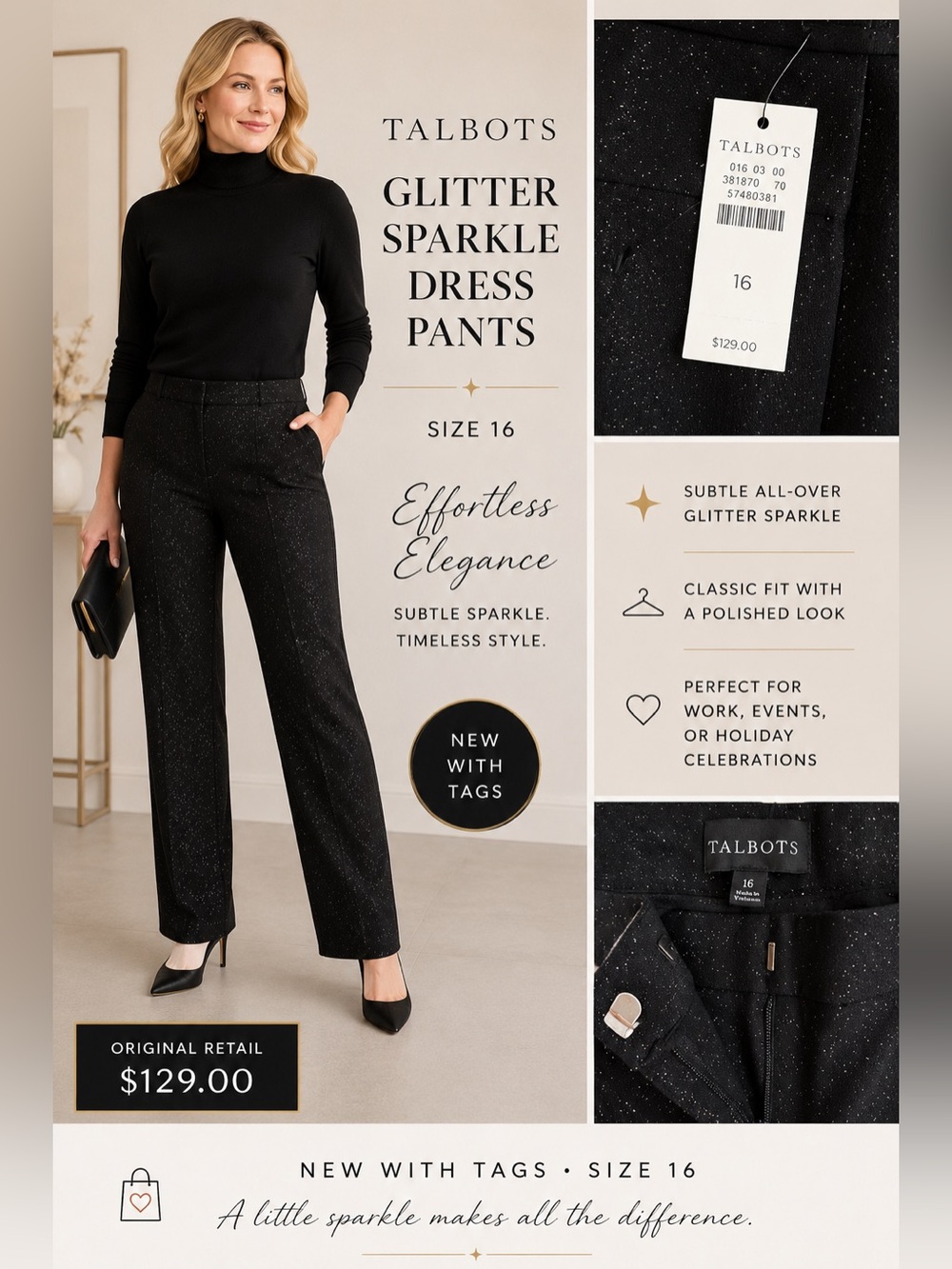 NWT Talbots Black Sparkle Straight-Leg Dress Pants Size 16